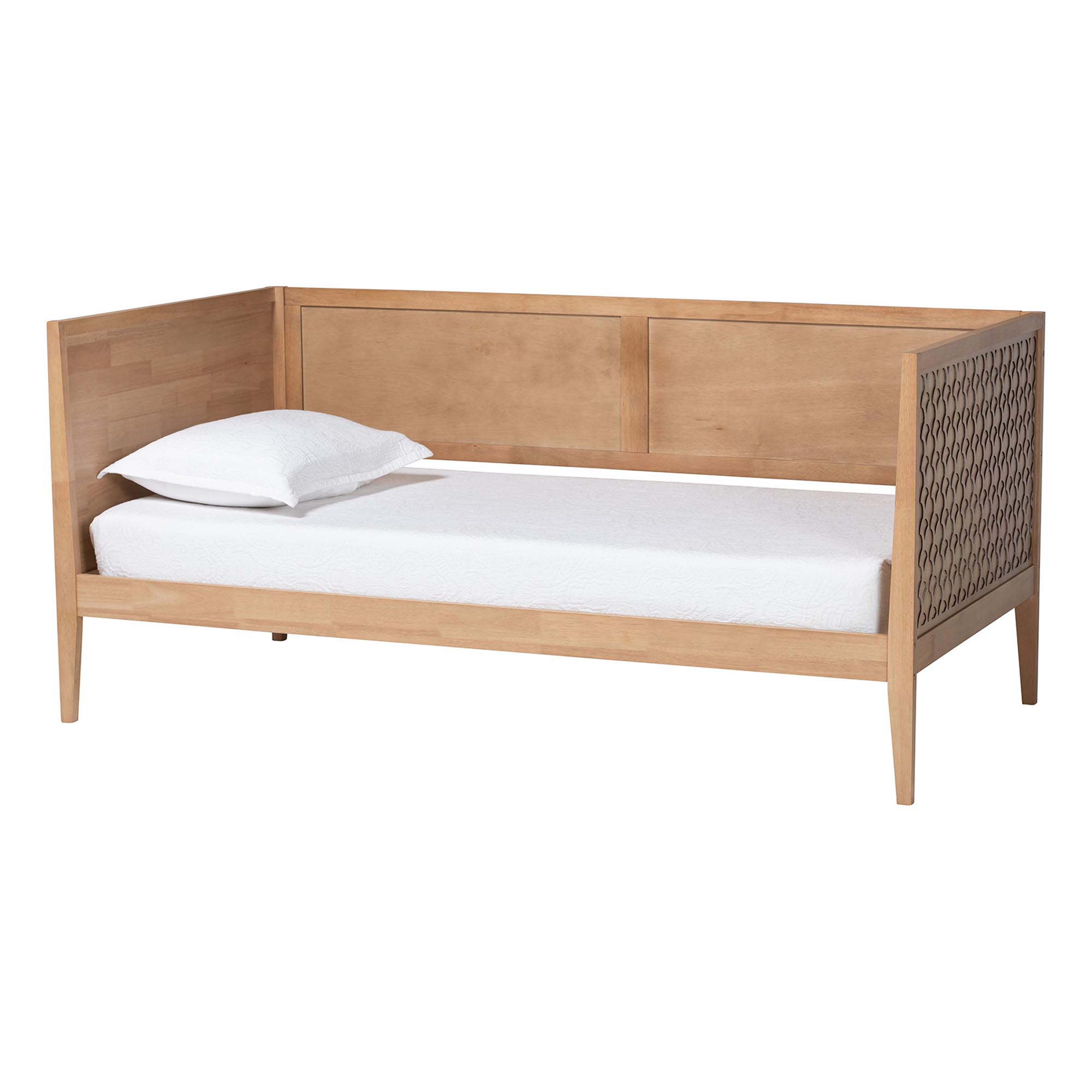 Baxton Studio Lara Twin Daybed - Modern Wood Bed Frame with Wraparound Laser-Cut Decorative Headboard Overlay, Oak Brown